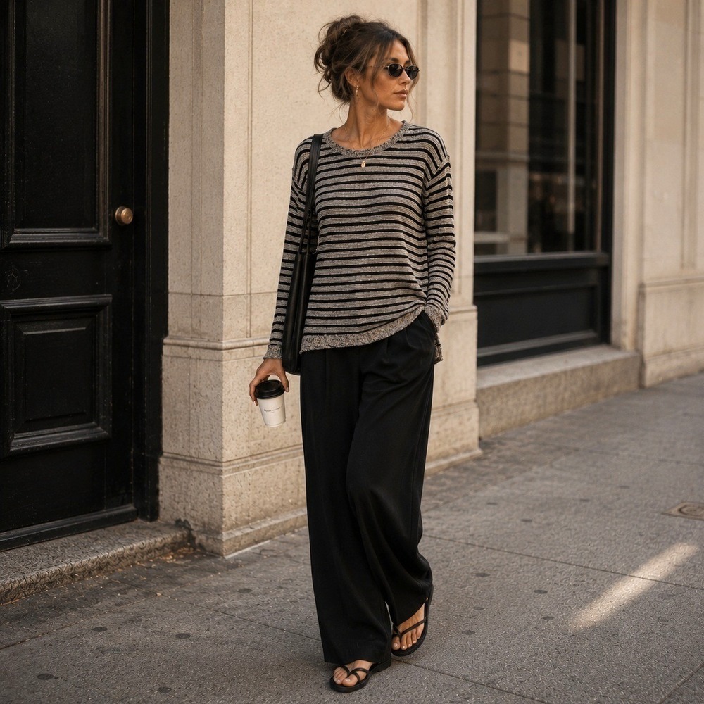 Eileen Fisher Petite PM Black White Striped Wool Linen Knit Sweater Italian Yarn